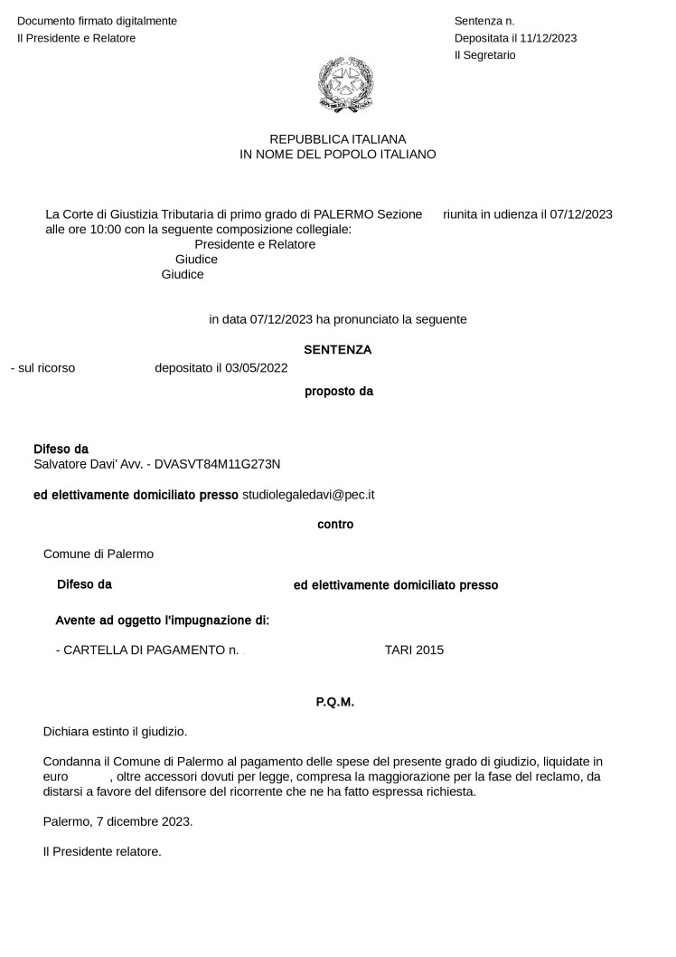 Annullata cartella di pagamento per TARI del 2015 del Comune di&nbsp;Palermo.