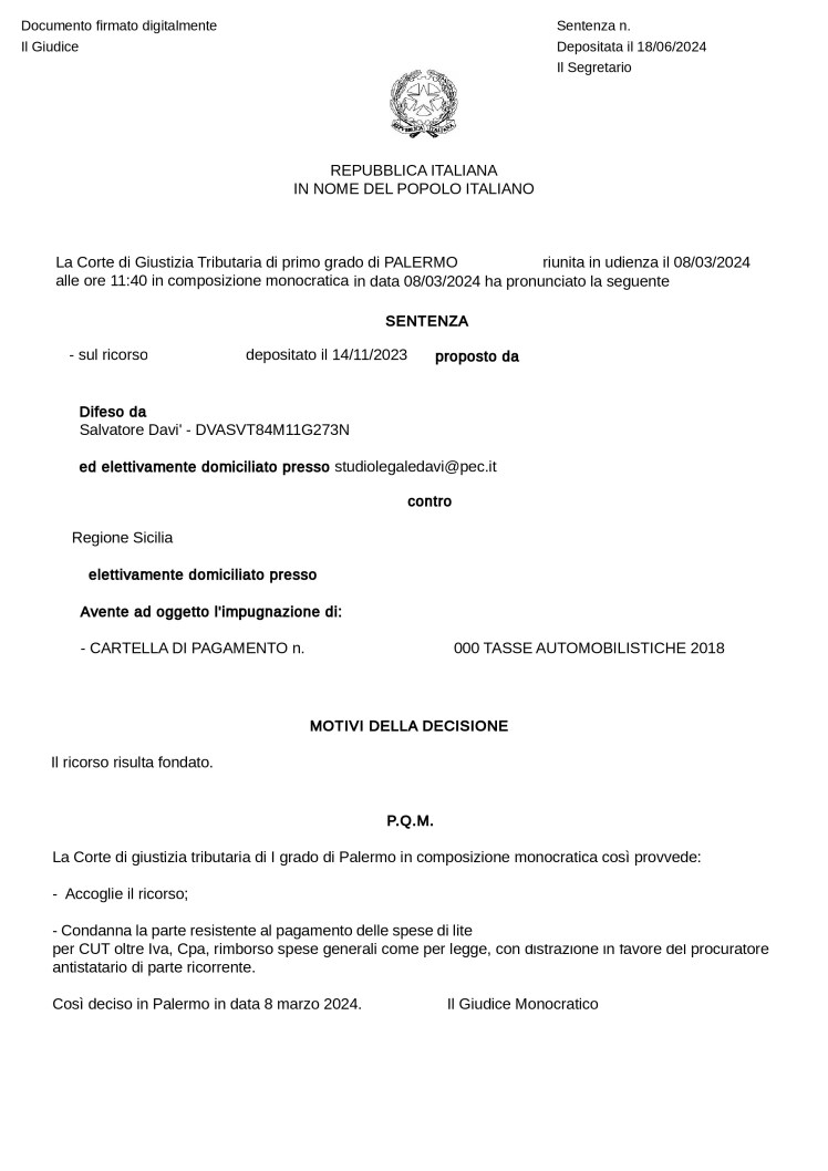 Annullata cartella di pagamento per bollo auto del 2018 dichiarato&nbsp;prescritto.