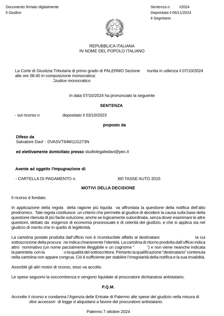 La cartolina postale sottoscritta da soggetto diverso dal destinatario della cartella esattoriale rende nulla la&nbsp;notifica.